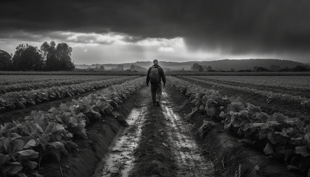 Um agricultor caminhando por um tranquilo prado montanhoso no outono gerado por inteligência artificial