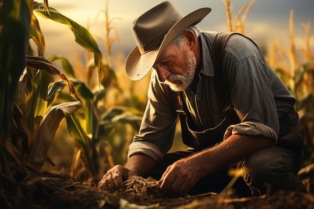 um agricultor colhendo milho em um campo de milho ai gerado