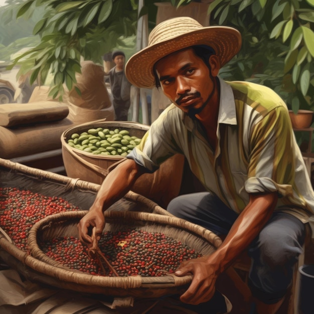 Um agricultor de café trabalhando na separação de sementes de café