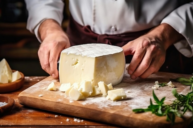 Um agricultor demonstra um pedaço de queijo que fez com as próprias mãos Produção de queijo caseiro numa quinta Produto natural Closeup Conceito de agricultura