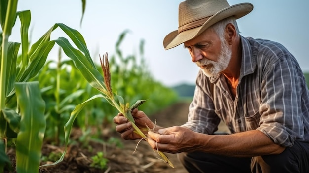 Um agricultor experiente analisa a colheita e examina as raízes do milho