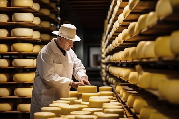 Um agricultor idoso verifica se o seu queijo caseiro está pronto O queijo amadurece na cave do agricultor Produção de queijo caseiro Produto natural