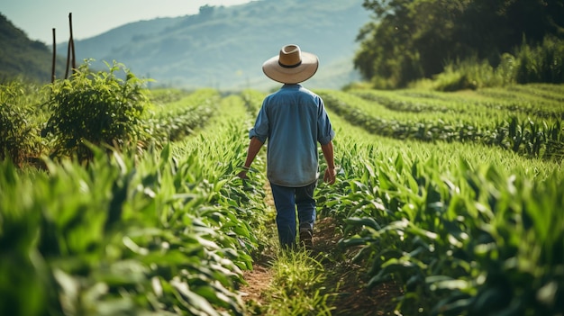 Um agricultor inspecionando suas colheitas e garantindo sua saúde e qualidade