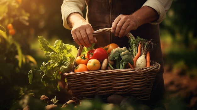 Um agricultor masculino segurando uma cesta de vime cheia de legumes orgânicos frescos no jardim