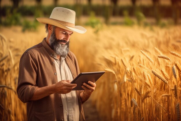 Um agricultor moderno usando um tablet digital para avaliar o desempenho da colheita e da colheita