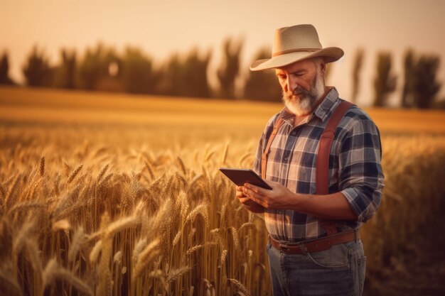 Um agricultor moderno usando um tablet digital para avaliar o desempenho da colheita e da colheita