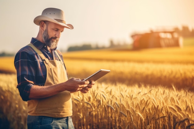 Um agricultor moderno usando um tablet digital para avaliar o desempenho da colheita e da colheita