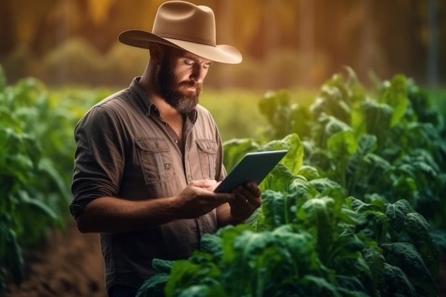 Um agricultor moderno usando um tablet digital para avaliar o desempenho da colheita e da colheita