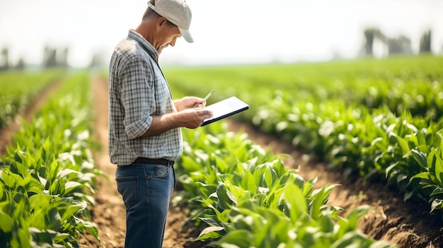 Um agricultor monitorando as colheitas através de um tablet