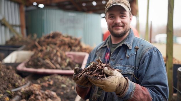 Um agricultor mostrando orgulhosamente o seu sistema de energia renovável que usa uma combinação de esterco animal