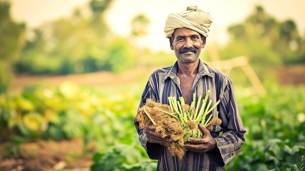 Foto um agricultor numa cultura em desenvolvimento