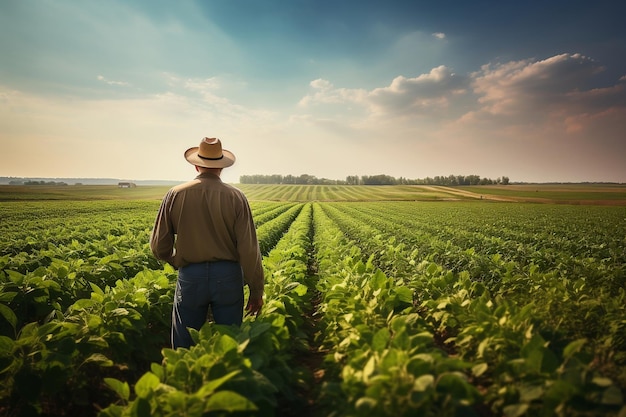 Um agricultor orgulhoso fica em um campo de soja verde vibrante generative ai