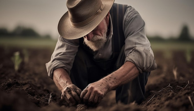 Foto um agricultor plantando nos campos