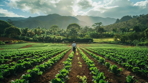 Um agricultor que trabalha num campo agrícola exuberante promovendo práticas agrícolas sustentáveis que dão prioridade à biodiversidade da saúde do solo e à resiliência do ecossistema