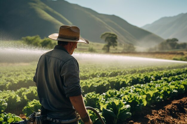 Foto um agricultor que utiliza técnicas de irrigação sustentáveis