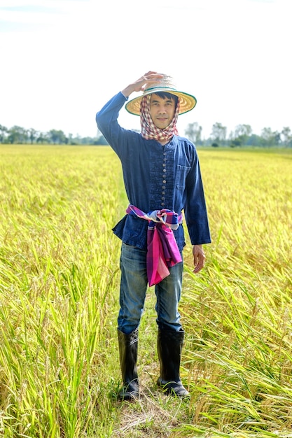 Um agricultor tailandês vestindo uma camisa azul tradicional e chapéu está de pé e posando segurando seu chapéu no meio do campo