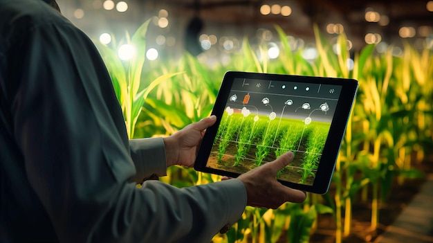 Um agricultor usando um tablet digital sobrepostando previsões de crescimento de culturas AR