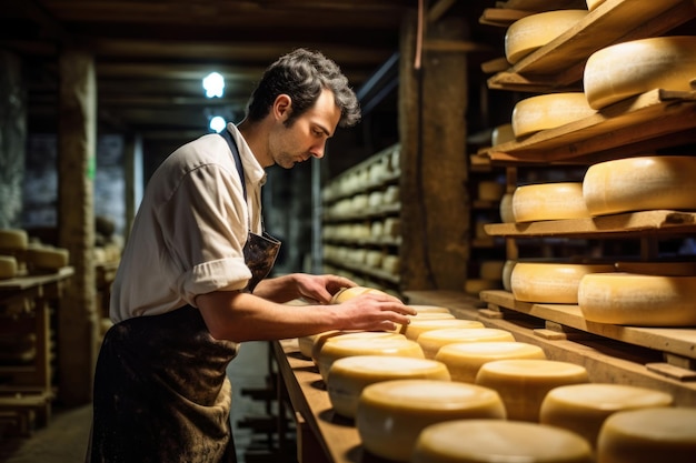 Um agricultor verifica se o seu queijo caseiro está pronto O queijo amadurece na cave do agricultor Produção de queijo caseiro Produto natural