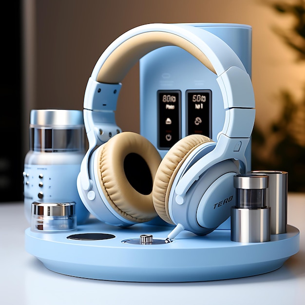 Foto um airbud um fone de ouvido um carregador em 3 pódio com fundos azuis claros ai imagem