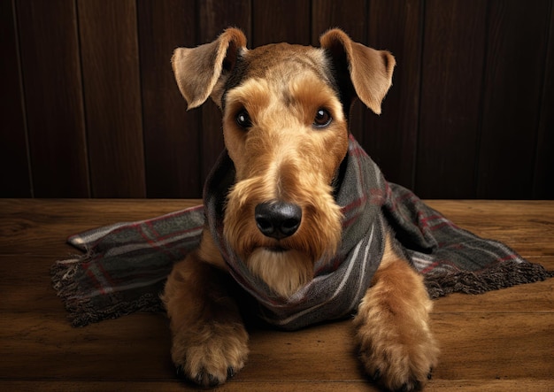 Um Airedale Terrier usando uma bandana e sentado pacientemente para uma guloseima