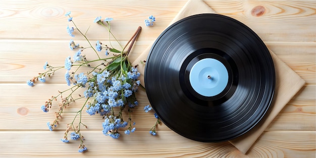 um álbum de gravação de um artista de rhythm and blues está colocado em uma mesa de madeira