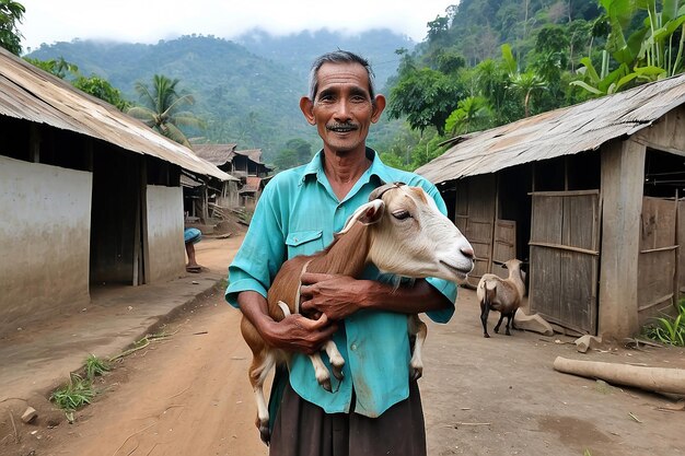 Foto um aldeão indonésio com a sua cabra