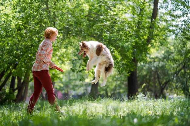 Um alegre cachorro saltitante e seu dono. a mulher joga um brinquedo para o cachorro. passeios divertidos com animais de estimação.