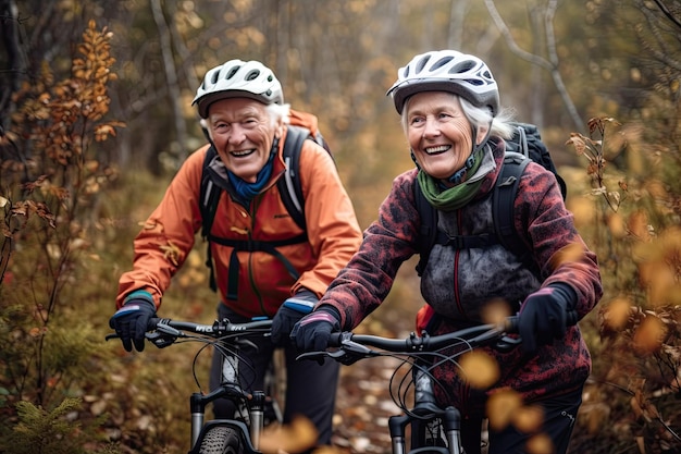 Um alegre casal de idosos anda de mountain bike nas montanhas, abraçando uma velhice ativa e feliz Generative AI