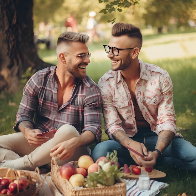 Um alegre casal gay Piquenique radiante de amor e união