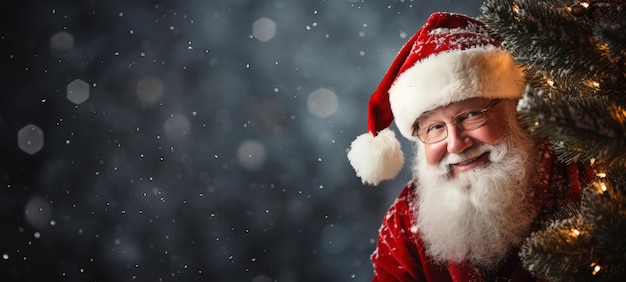 Um alegre e sorridente Papai Noel espiando por trás de uma árvore de Natal em um fundo escuro com espaço de cópia bokeh