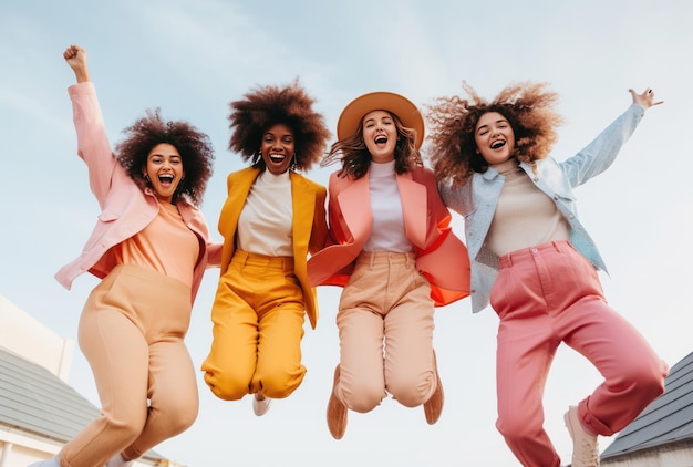 Um alegre grupo de mulheres pulando no ar