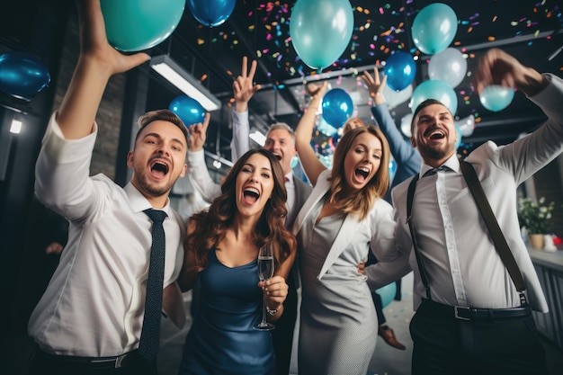 Foto um alegre grupo de pessoas comemora enquanto segura balões coloridos e joga confetes no ar empresários corporativos se divertindo e em festas corporativas no escritório ai gerado