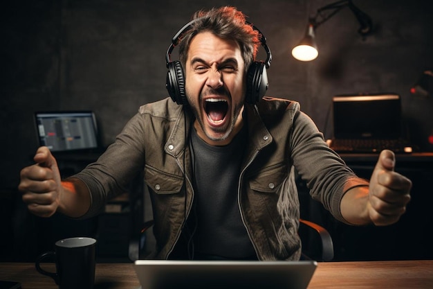 Foto um alegre hacker masculino com fones de ouvido a regozijar-se com um ataque cibernético bem sucedido numa sala escura de