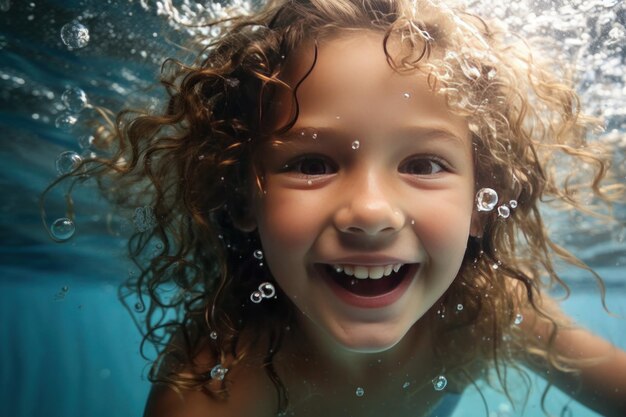 Um alegre menino pré-escolar de ascendência europeia feliz nadando debaixo d'água irradiando felicidade