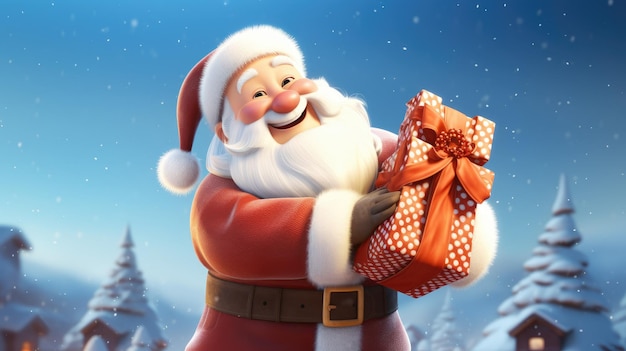 Um alegre Papai Noel segurando um saco de presentes e acenando com um sorriso rosado no rosto