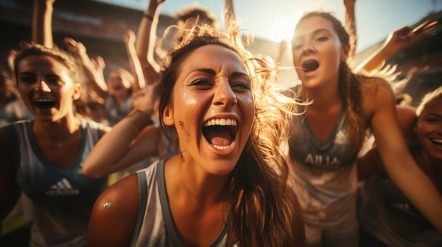 Um alegre time de futebol feminino comemora vitória e segue com companheiras gritando de alegria no estádio