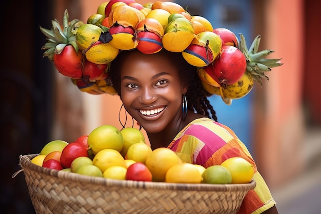 Um alegre vendedor de frutas Palenquera em Cartagena, Colômbia