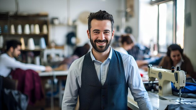 Um alfaiate trabalhando em uma máquina de costura em um charmoso estúdio alfaiate máquina de costuras estúdio charmoso