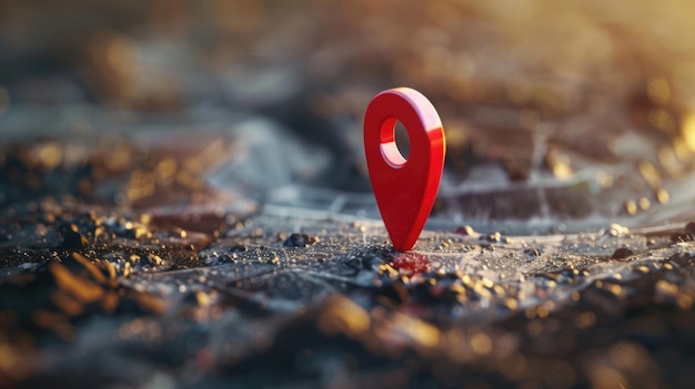 Um alfinete vermelho colocado em terreno arenoso adequado para temas de viagem e localização