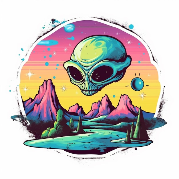 um alienígena colorido com uma cabeça grande e uma montanha no fundo generativo ai