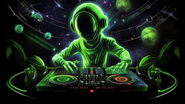 Foto um alienígena como dj na toca-discos tocando música rede neural gerada pela ia