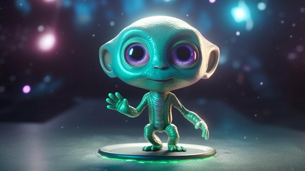 Um alienígena de desenho animado com olhos grandes fica em uma superfície brilhante generative ai