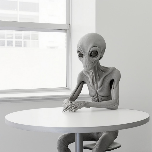 um alienígena está sentado em uma mesa com uma grande janela atrás dele.