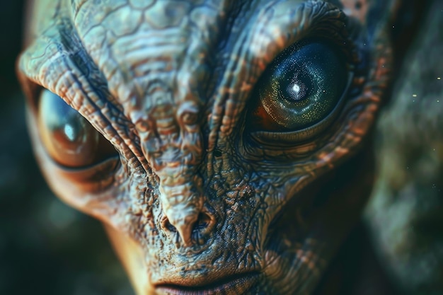 Um alienígena estranho com olhos grandes e um rosto estranho.