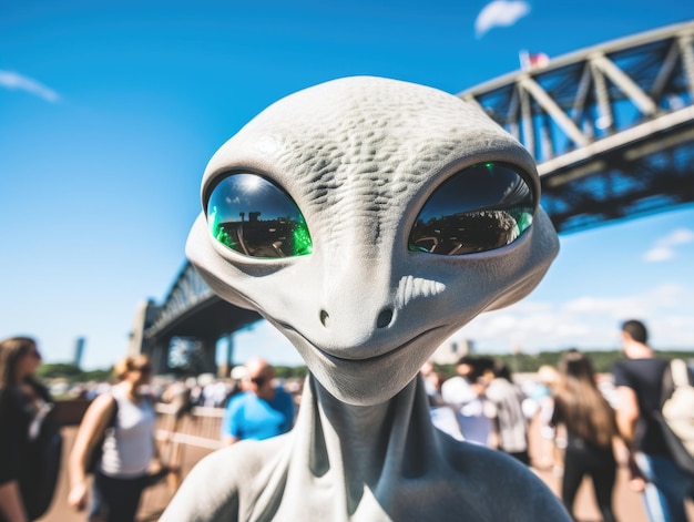 Um alienígena magro e cinza com olhos pretos sorri enquanto tira uma selfie em frente à Sydney Harbour Bridge