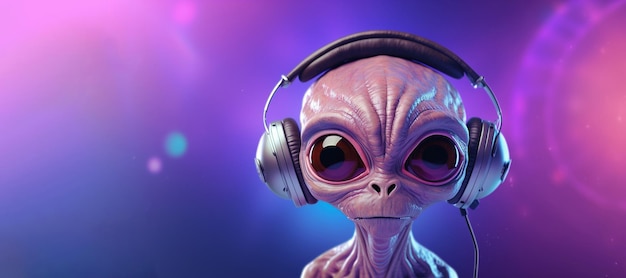 Um alienígena ouve música em fones de ouvido contra o pano de fundo do espaço Banner cópia de espaço