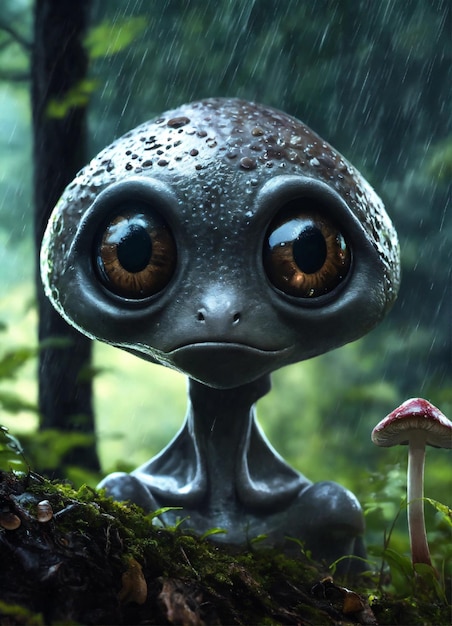 Um alienígena realista cinza olhos grandes pretos cogumelos nas árvores noite floresta chuva hiperrealista