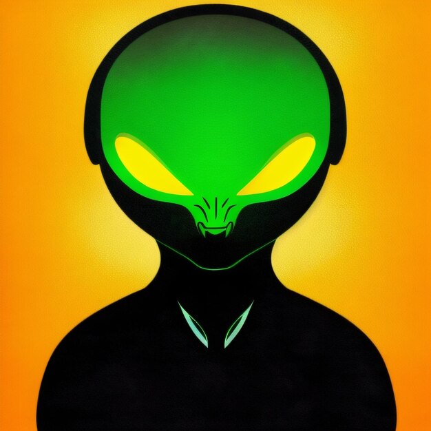 Foto um alienígena verde com olhos brilhantes é mostrado em um fundo amarelo.