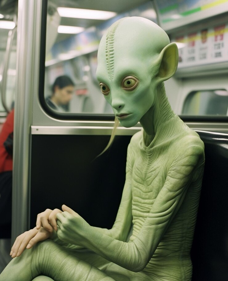 Foto um alienígena verde está sentado em um trem do metrô com um homem de camisa verde.