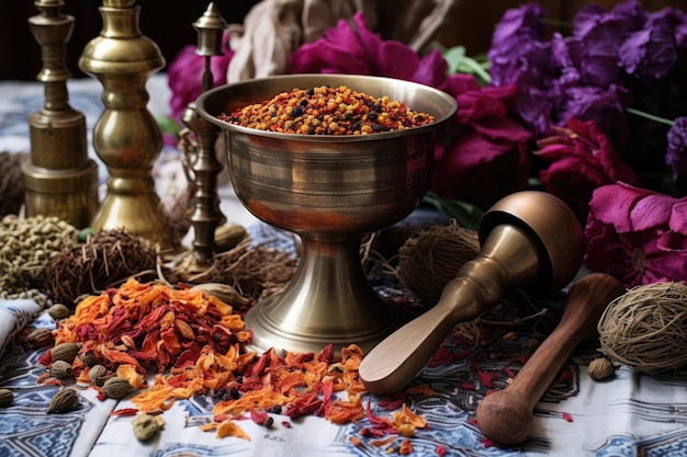 Um almofariz e um pilão de latão cercados por especiarias coloridas sobre uma mesa branca